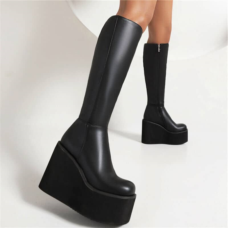 Miss Heel Black Mid-Calf Platform Zipper Wedge Boots